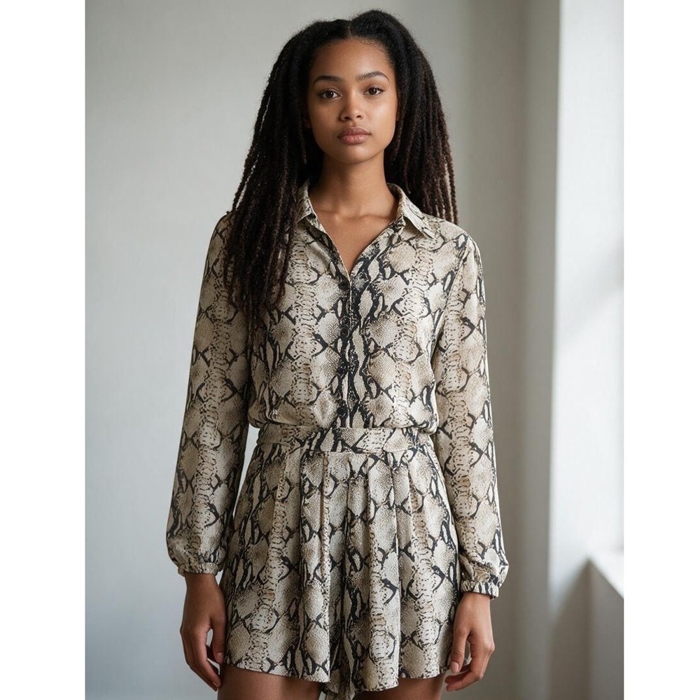 Be.You.tiful Snakeskin Romper Womens Medium Tan Black Long Sleeve Boho Chic Cool
